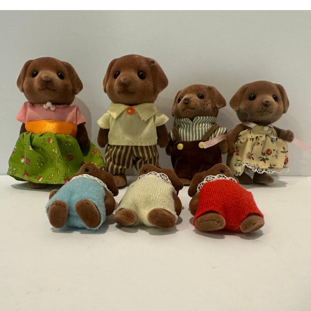 Calico Critters Chocolate Lab Family with triplets - played with condition